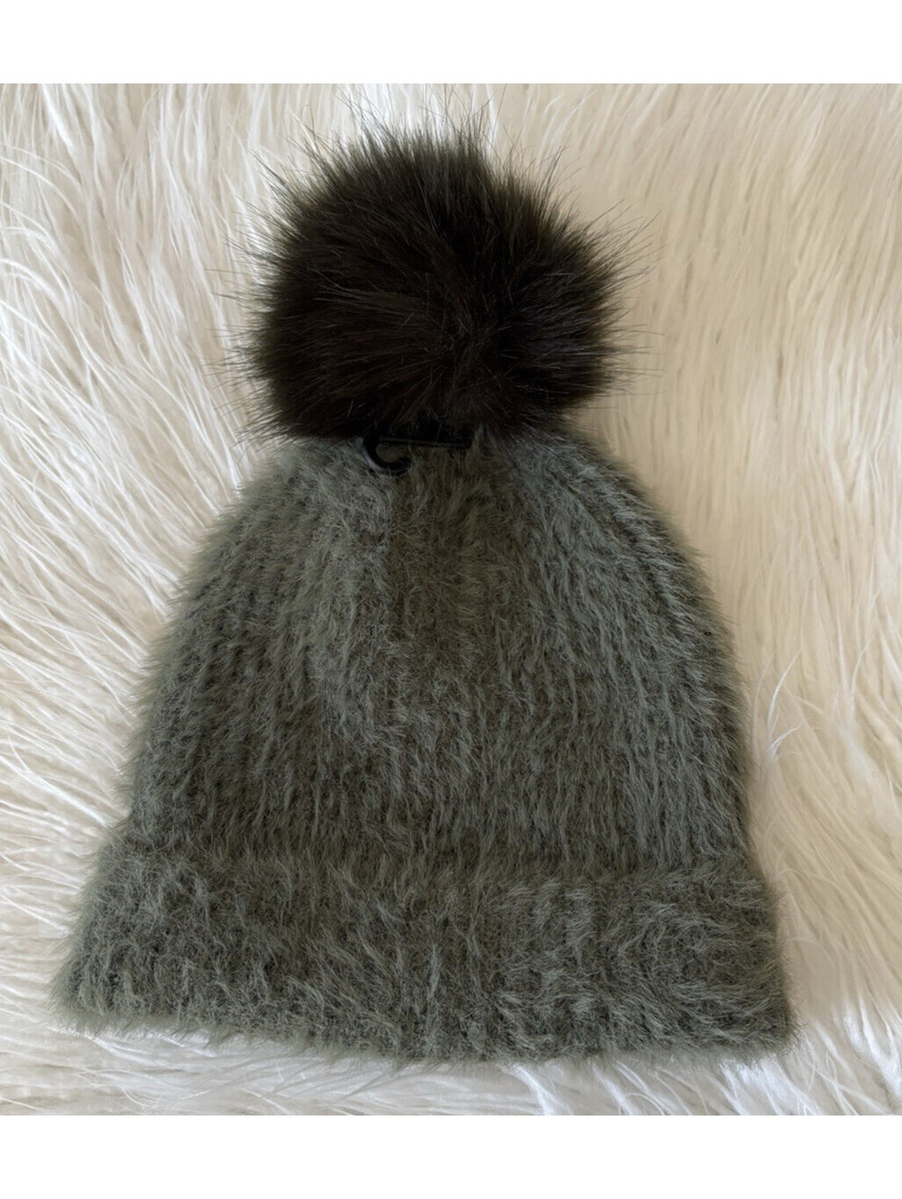 Express Super Fuzzy Winter Hat with Green Faux Fur Pom Pom NWT
